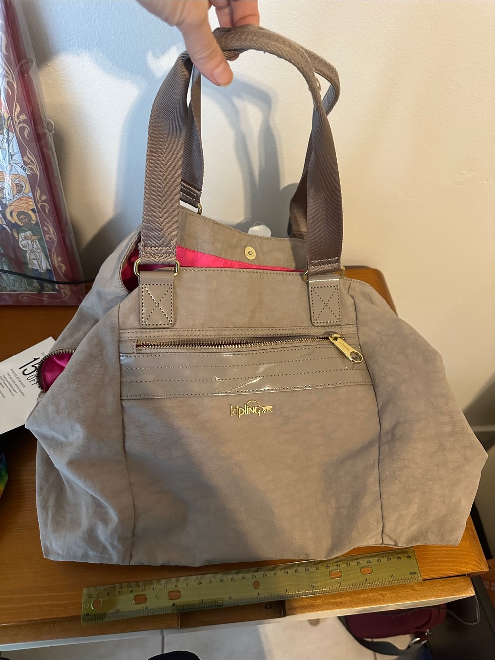 Kipling Taupe Tote with Pink Interior Accent